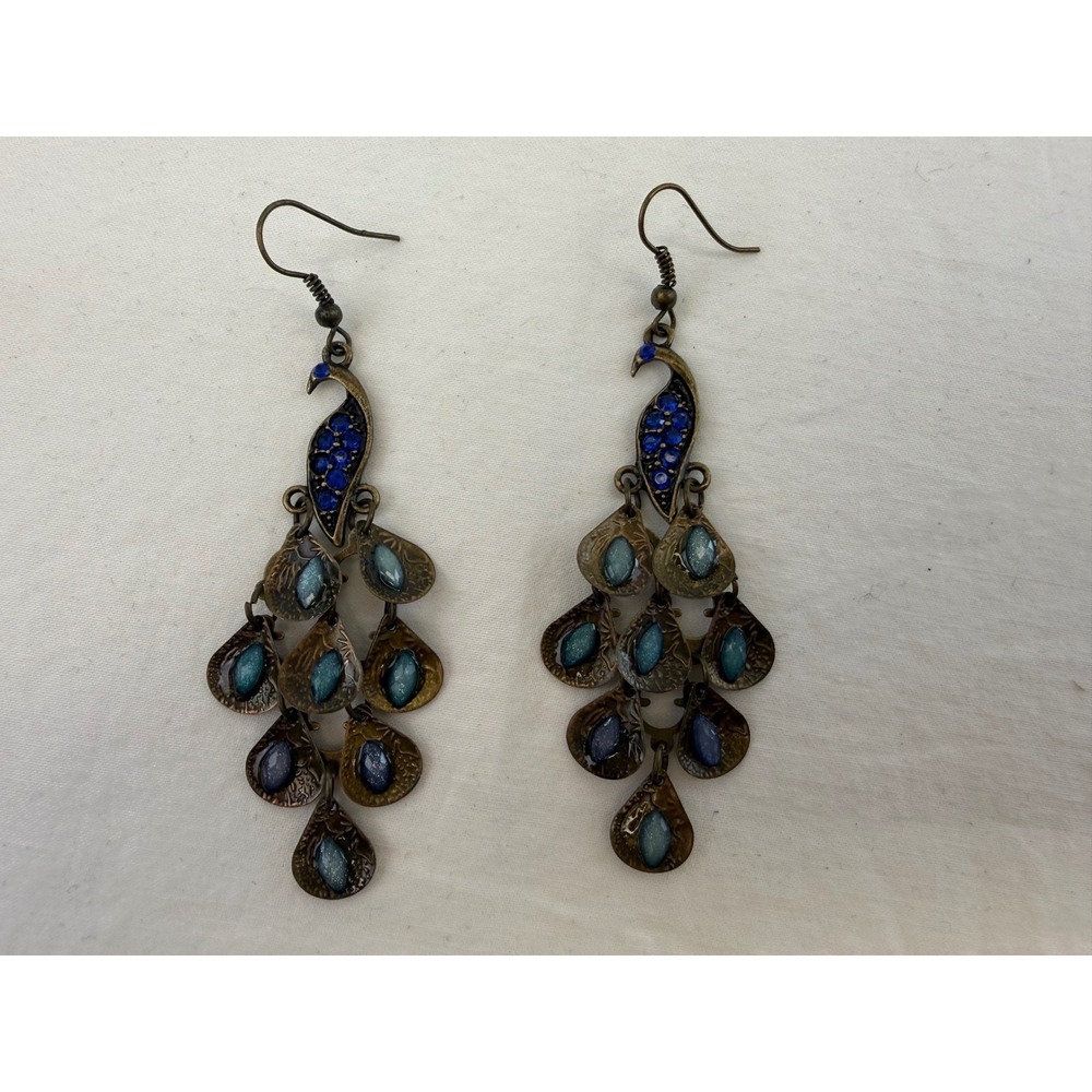Boho Peacock Dangle Earrings Blue Rhinestone Tiered Bronze Tone Statement